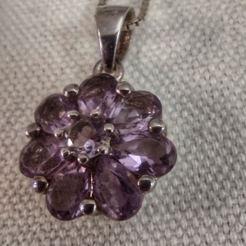 Amethyst flower pendant on silver chain